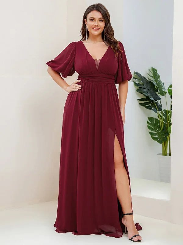 Plus Deep V Neck A Line Half Puff Sleeves Wholesale Bridesmaid Dresses Lightweight unclassified dresses