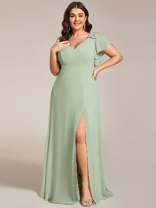 Plus Split Ruffles Sleeves with Bowknot V-neck Chiffon Bridesmaid Dress Lace unclassified dresses