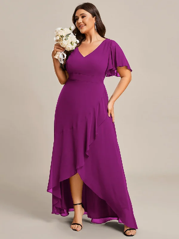 Plus V Neck High Low Ruffles Chiffon Wholesale Bridesmaid Dresses Long sleeve unclassified dresses