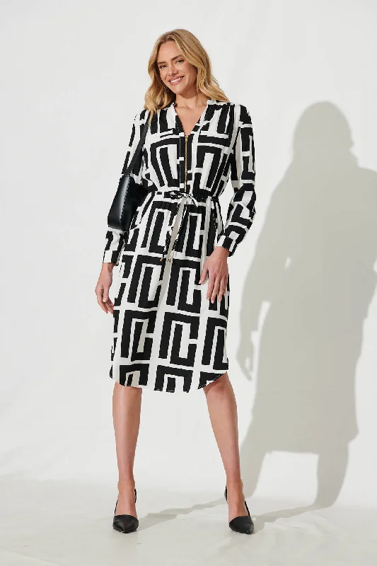 Rival Zip Dress In Black And White Geometric Print Embroidered unclassified dresses