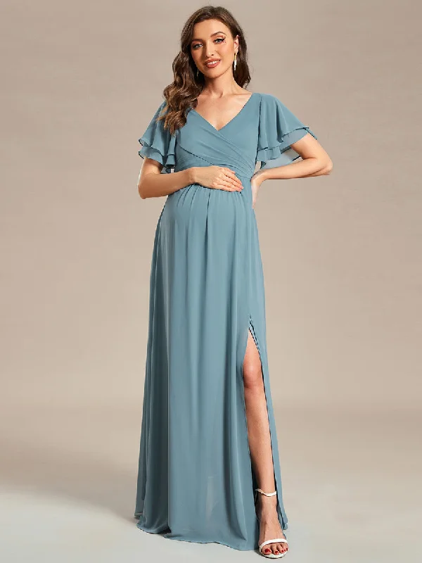 Ruffle Sleeves Split Chiffon Wholesale Maternity Dresses Chiffon unclassified dresses