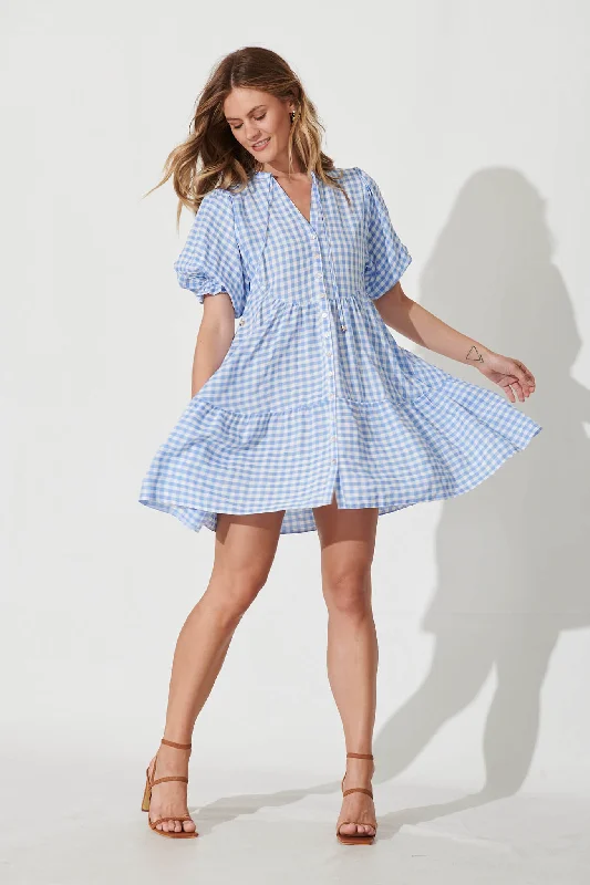 Santanna Smock Dress In Blue And White Gingham Cotton Blend Date night unclassified dresses