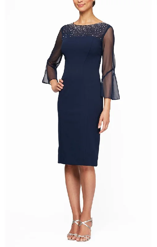 Sheath Crepe Dress with Embellished  Illusion Mesh Neckline and Bell Sleeves Fall unclassified dresses