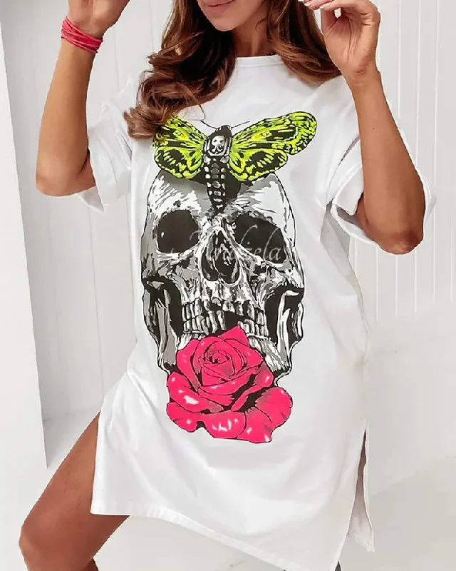 SKULL ROSE INSECT PRINT HIGH SLIT CASUAL DRESS Ruffled unclassified dresses