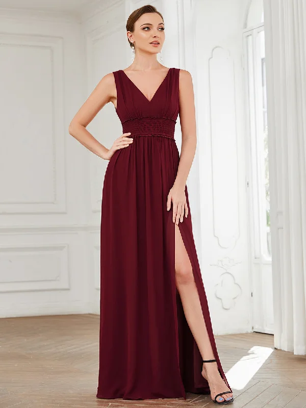 Sleeveless Deep V Neck Thigh High Split Wholesale Bridesmaid Dresses Metallic unclassified dresses