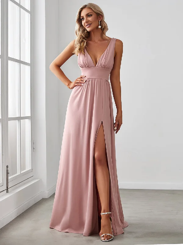 Sleeveless Wholesale Bridesmaid Dresses with Deep V Neck and A Line Printed unclassified dresses