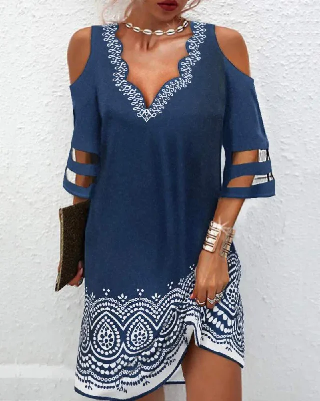 TRIBAL PRINT CONTRAST MESH COLD SHOULDER CASUAL DRESS Luxury unclassified dresses