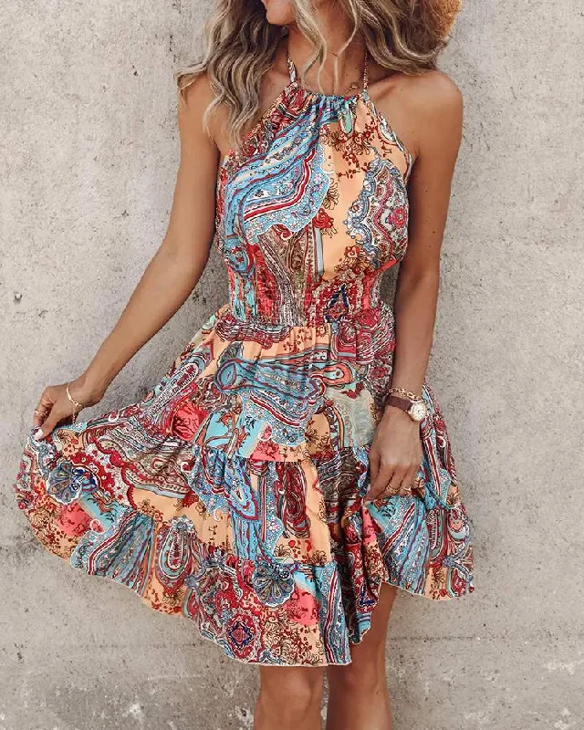 TRIBAL PRINT HALTER BACKLESS VINTAGE DRESS Vintage unclassified dresses