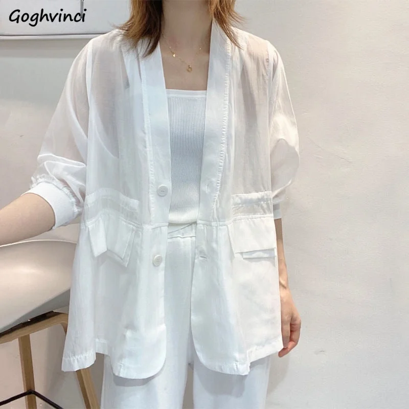 Women Blazers Sun-proof Summer Sheer Casual Korean Style Breathable Cozy All-match Outerwear Elegant Female Office New Beaded unclassified dresses