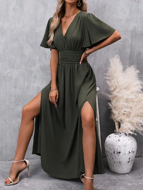 WOMEN S BUTTERFLY SLEEVE WAIST CINCHING SLIT DRESS Casual unclassified dresses