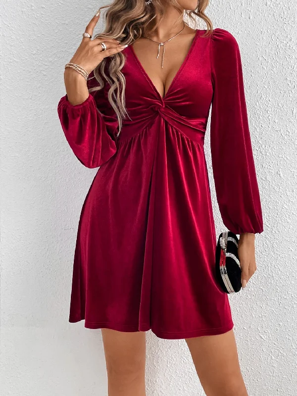 Twisted V-Neck Balloon Sleeve Mini Dress Stylish Mini Skirt