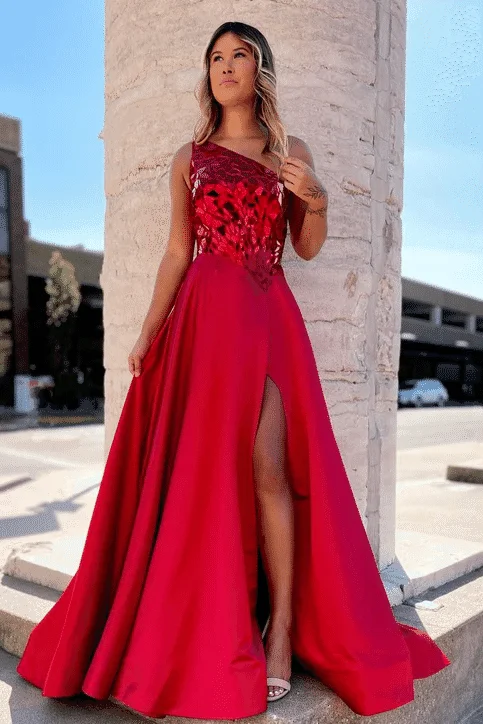 A-Line Red One Shoulder Mirror-Cut Sequins Long Prom Dress with Slit Midi Maxi Skirt