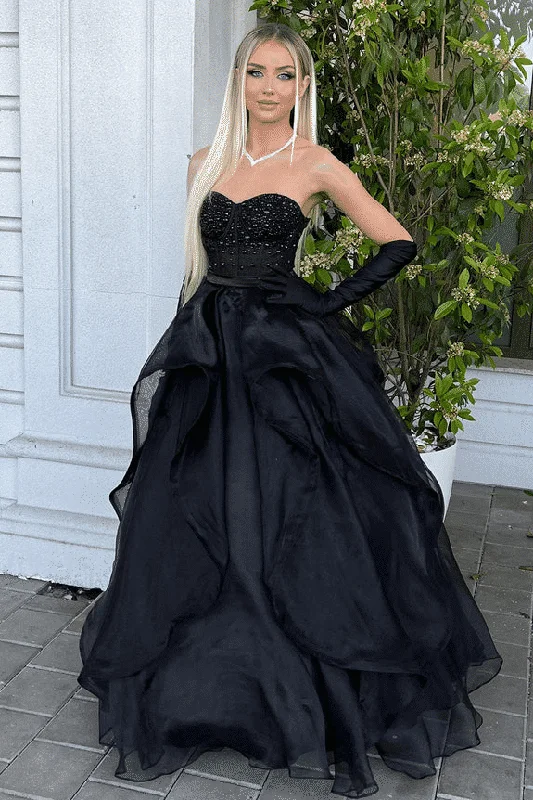 A-Line Strapless Sweetheart Ruched Black Long Prom Formal Dress Casual Maxi Skirt