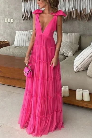 A-Line Straps Deep V-Neck Sleeveless Pleated Long Formal Prom Dress Maxi Skirt Style