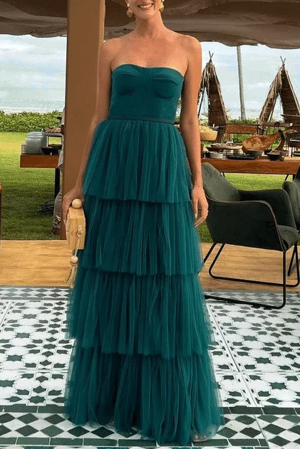 Classy Green Strapless Tiered Tulle Long Prom Formal Dress Soft Maxi Dress