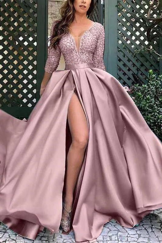 Elegant A-Line V-Neck Appliques Long Sleeves Pleated Long Formal Dress with Slit Formal Maxi Skirt