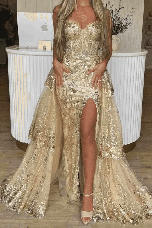 Gold Strapless V-Neck A-Line Sequins Appliques Long Prom Dress with Slit A-line Maxi Skirt