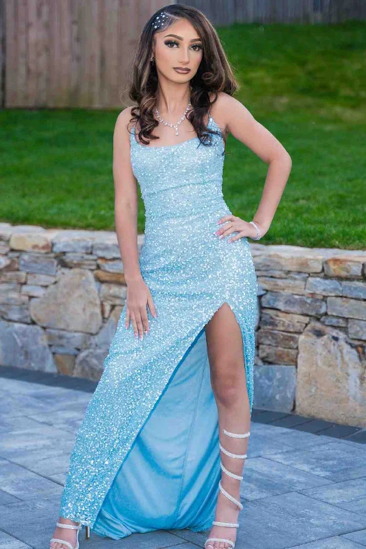 Light Blue Spaghetti Straps Sequined High Slit Long Prom Dress with Slit High-Waist Maxi Skirt