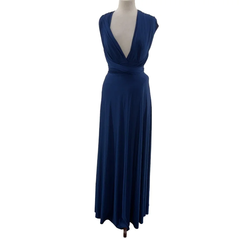 Lulus Women's Blue V-Neck Ruched Bust Maxi A-Line Ball Gown Dress Size M Front Slit Skirt