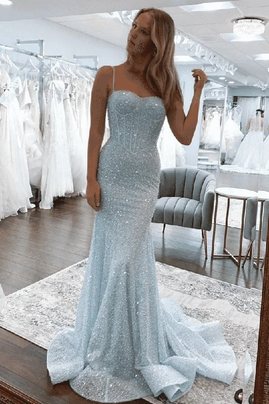 Mermaid Spaghetti Straps Glitter Mermaid Long Prom Formal Dress Ruffle Long Maxi