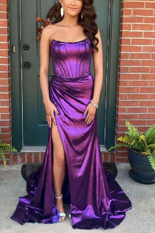 Mermaid Strapless Metallic Pleated Scoop Purple Long Prom Dress with Slit Floral A-line Skirt