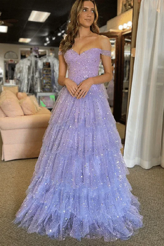 Off-Shoulder A-Line Empire-Waist Sequins Tulle Purple Long Prom Dress High-Waisted Maxi Skirt