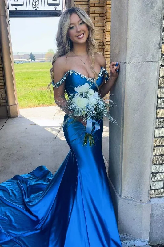 Off-Shoulder Beads Scoop Mermaid Long Formal Prom Dress with Train Boho Chic Maxi