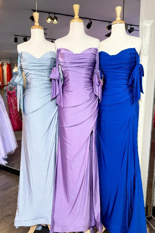 Off-Shoulder Sweetheart Pleated Satin Long Prom Formal Dress with Slit Maxi Skirt Trend