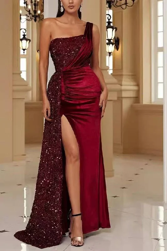 One Shoulder A-Line Sequins Pleated Velvet Long Prom Dress with Slit Maxi Skirt Fashion