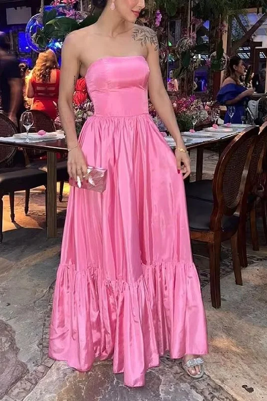 Pink Strapless Scoop A-Line Satin Pleated Sleeveless Long Formal Prom Dress Long Boho Skirt