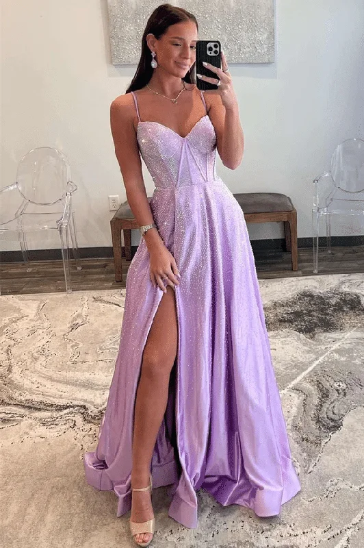 Purple Spaghetti Straps Rhinestone Pleated Long Prom Dress with Slit Cozy Maxi Skirt