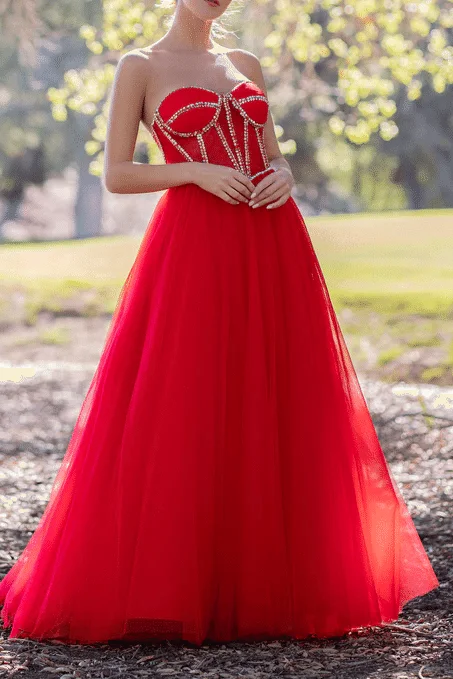 Red Strapless Beads Empire-Waist Sleeveless Tulle Long Prom Formal Dress Button-front Maxi Skirt