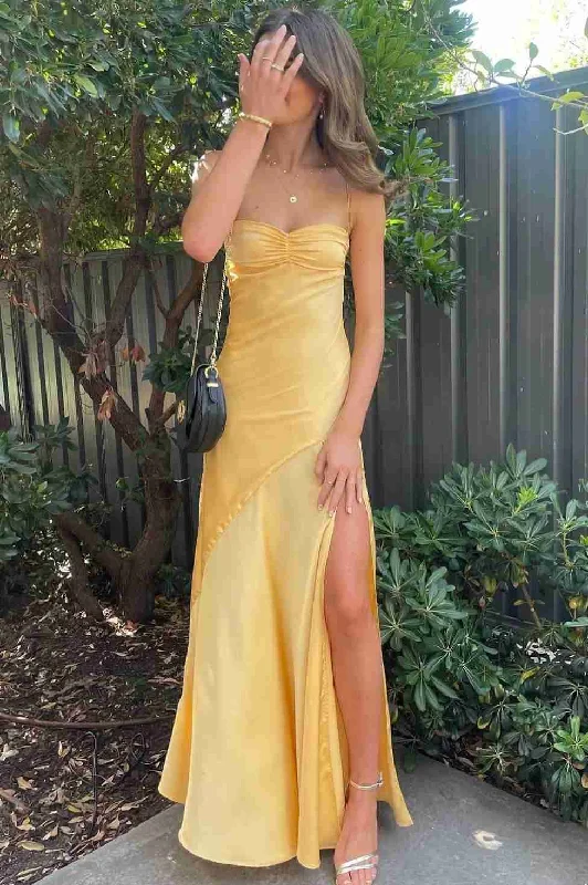 Simple Yellow Spaghetti Straps Satin Long Prom Formal Dress with Slit Fitted Maxi Skirt