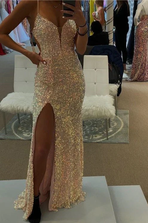 Spaghetti Straps V-Neck Gold Sequined Long Prom Dress with Slit Maxi Skirt Casual