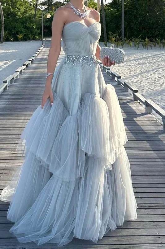 Strapless A-Line Beads Empire-Waist Tiered Tulle Long Prom Formal Dress Chic Maxi Dress