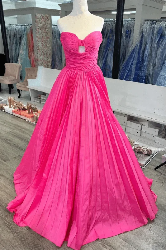 Strapless A-Line Bow Pleated Satin Sleeveless Long Prom Formal Dress Silk Maxi Skirt