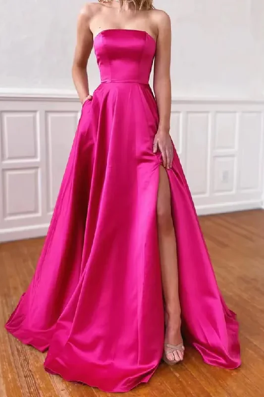 Strapless A-Line Satin Empire-Waist Long Prom Dress with Slit Soft Ruffled Maxi