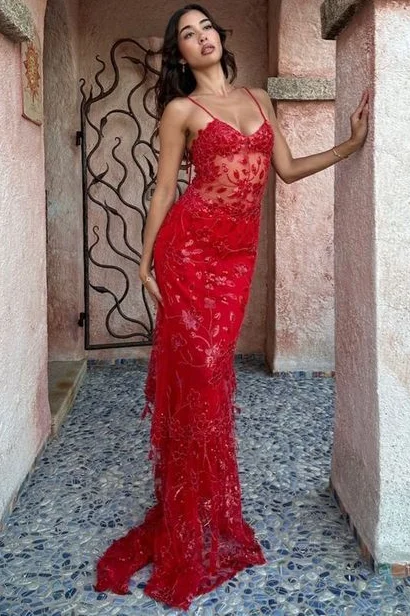 Stunning Spaghetti Straps Appliques Mermaid Red Long Prom Dress Bold Maxi Skirt