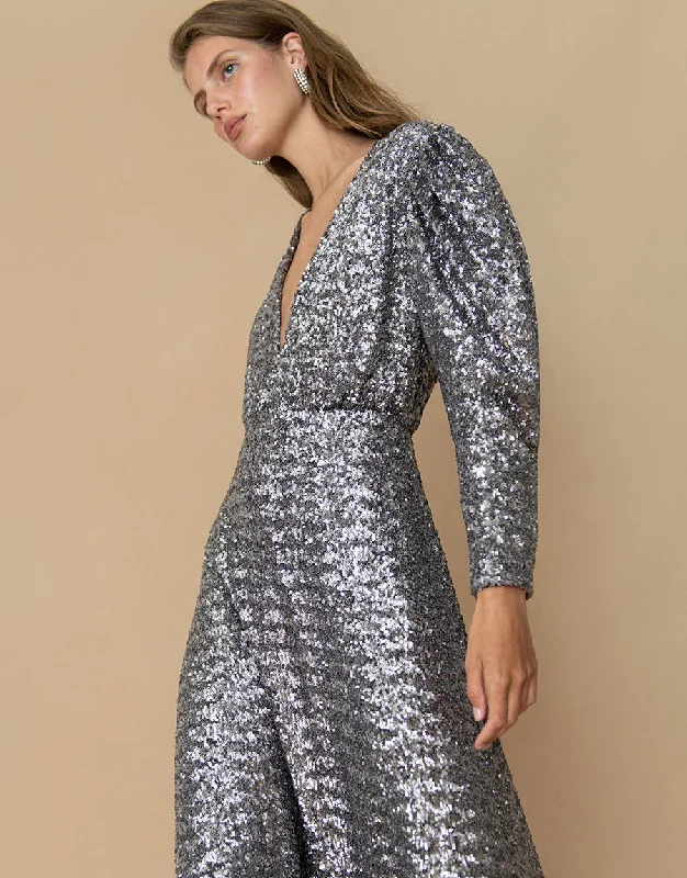 Bernadette Sequin Midi Dress - Pewter - SALE Soft Pleated Midi