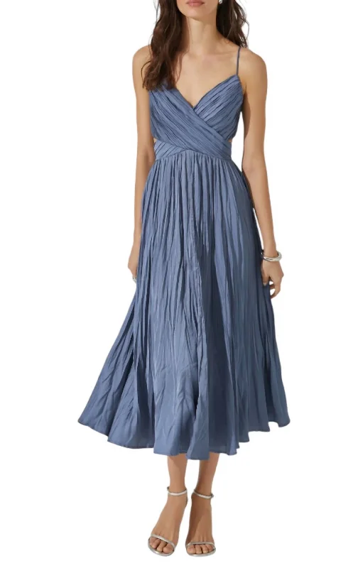 Capitola Pleated Midi Dress In Slate Blue Slim Fit Midi