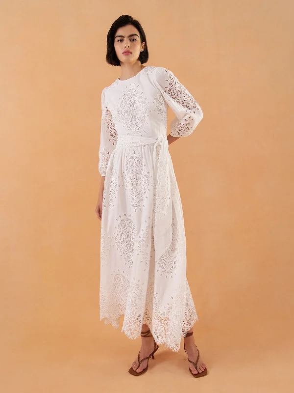 Constance Broderie Anglaise Midi Dress - White - SALE Ruffled Skirt Midi