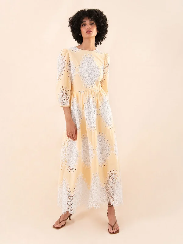 Constance Round Neck Lace Midi Dress - Pale Yellow - SALE Fashion Midi Skirt