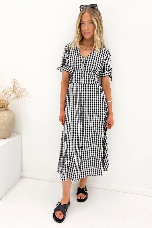 Jessa Midi Dress Black Gingham Front Button Midi