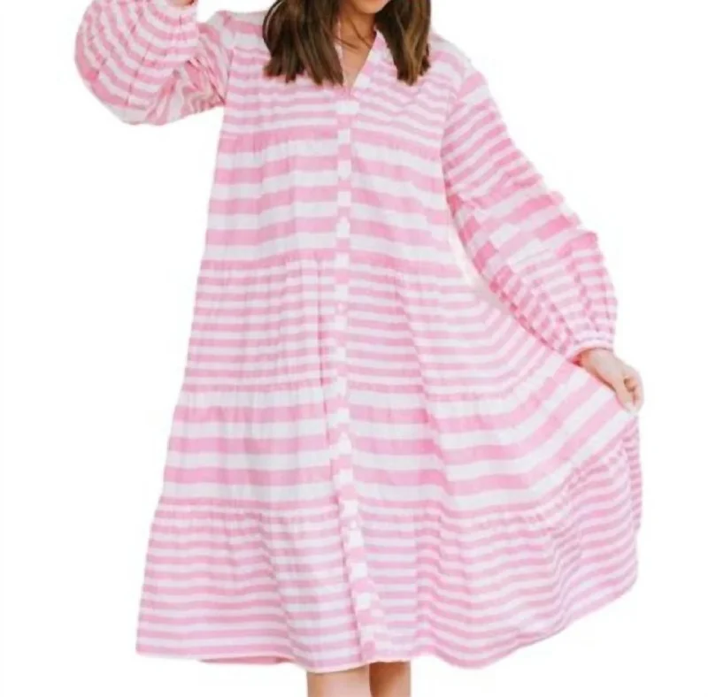 Oversized Midi Dress In Pink Stripe Classic A-line Skirt