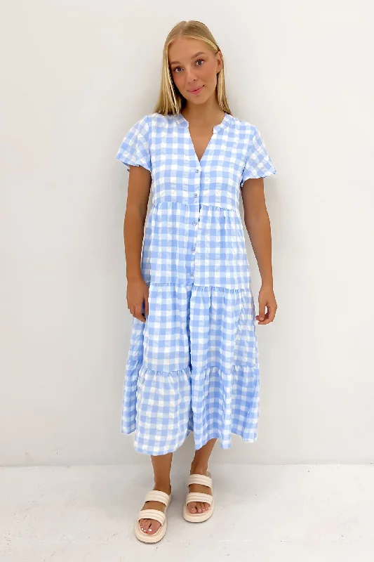 Owen Midi Dress Blue Gingham Elegant A-line Skirt