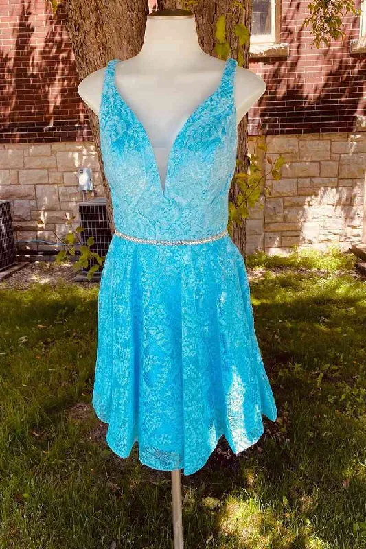 A-Line Blue Lace Short Homecoming Dress Floral Lace Dress