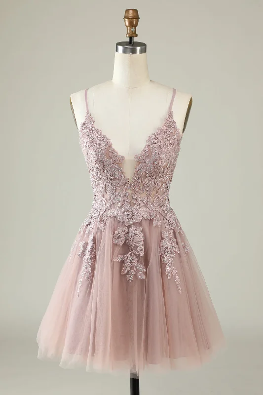 Lace-Up Blush Pink Appliques Short Homecoming Dress Lace Evening Dress