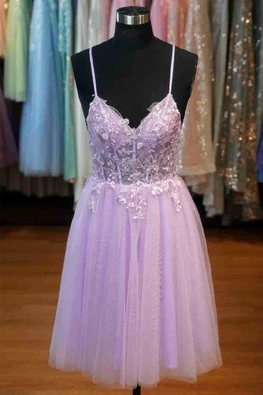 Lavender V-Neck Lace Appliques Short Homecoming Dress Lace Overlay Dress