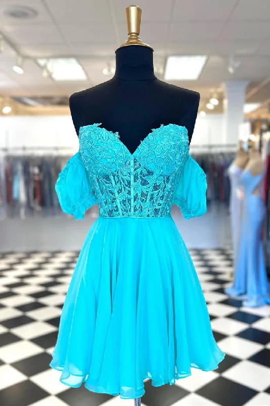 Turquoise Lace Corset A-Line Homecoming Dress with Puff Sleeves Satin Lace Dress