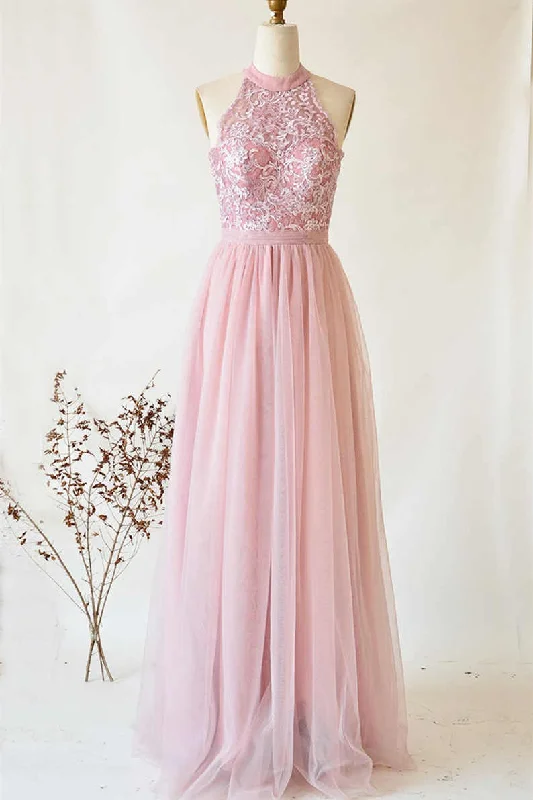 A-Line Halter Pink Lace Long Bridesmaid Dress Lace Dress for Women